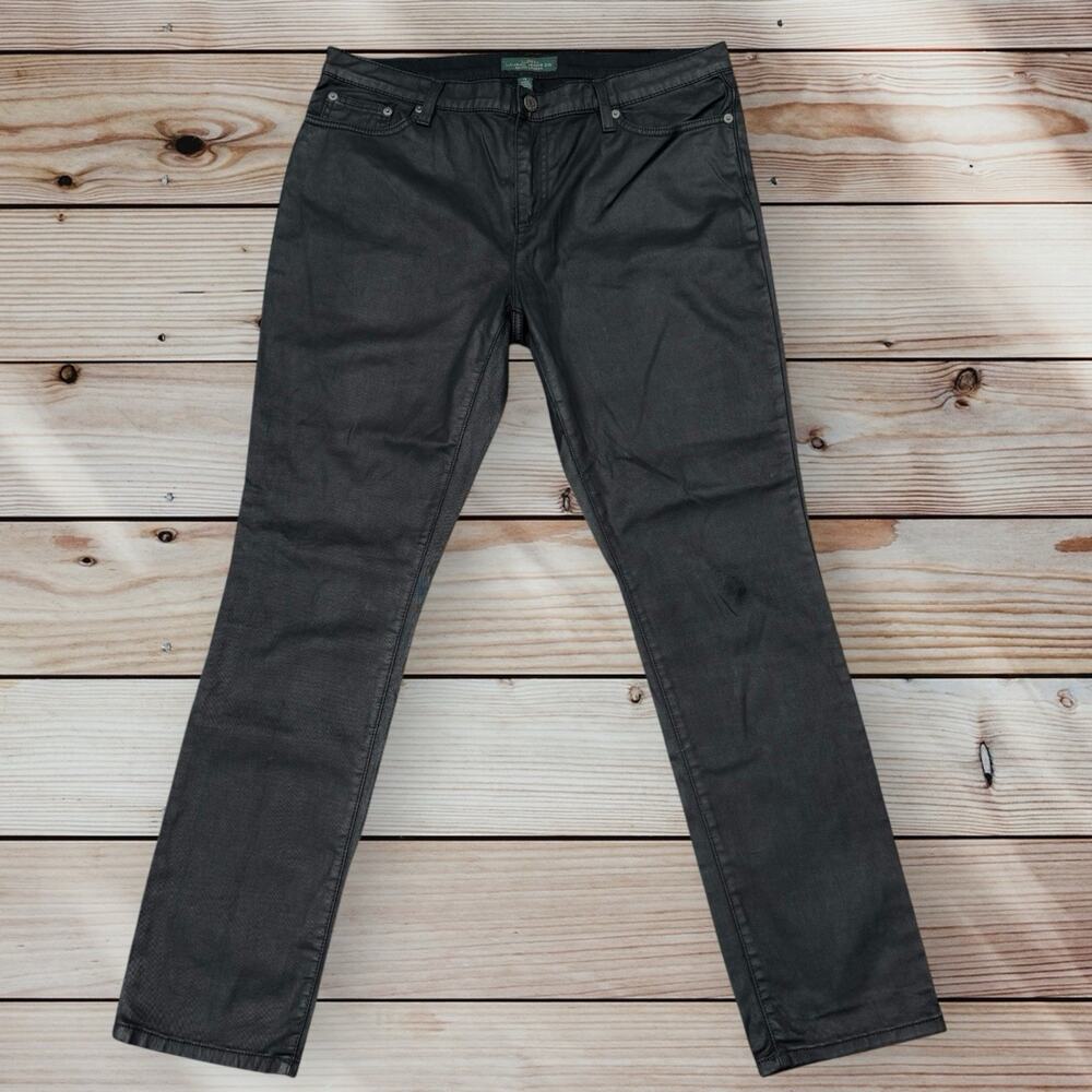 LRL Lauren Jeans Co Black Jeans Sz 14 Women Wax Coated Leather-like Quiet Luxury